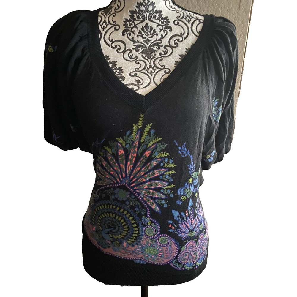 Free People S Sweater Black Floral Top Pullover Small Sm Wide Neck Form Fitting